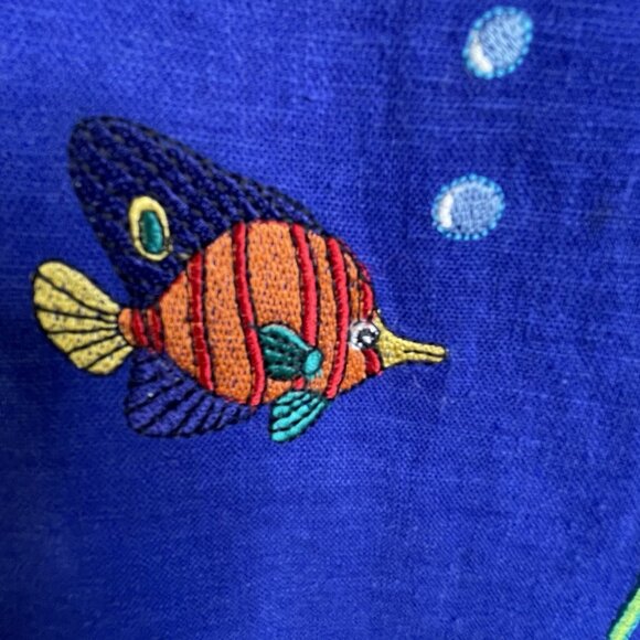 VTG 90s Ultra Dress 14 Linen Blend Fish Embroidered‎ Sleeveless Blue Nautical - Picture 5 of 16